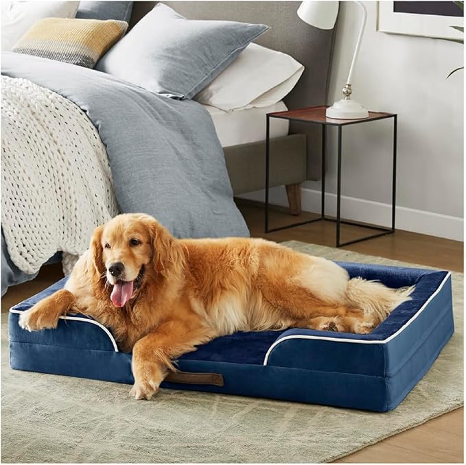Friends Forever Orthopedic Dog Bed, Bolster Dog Bed with Memory Foam Pet Couch Sofa and Removable Washable Cover, Ally Navy, 42x32x7-PurrikoPets