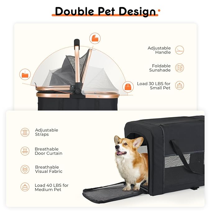 Double Pet Stroller for Small Medium Dogs - 4 In1 Dog Stroller for 2 Pets, Detachable and Foldable with 360°Rotating Wheels, Easy Assembly and Compact Size-PurrikoPets