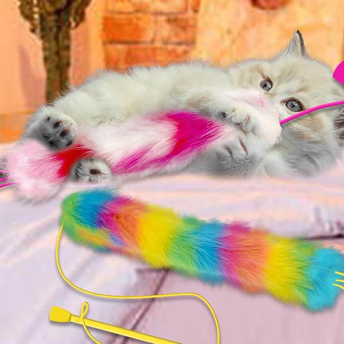 2 Pack Cat Wand Toy, Rainbow Cat Feather Toys with Bells, Teaser Wand with Soft Furry Tail, Interactive Toys for Indoor Cats & Kitten & Kitty-PurrikoPets