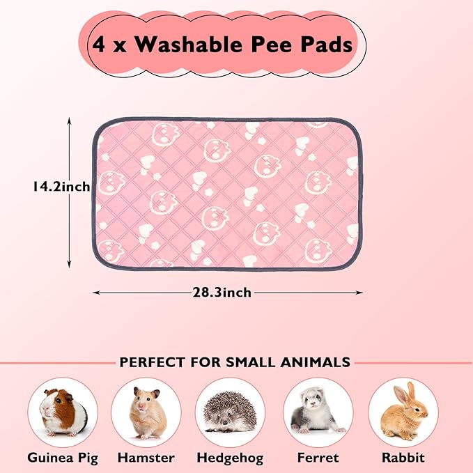 4 Pack Guinea Pig Bedding - Washable Guinea Pig Liners for C&C 2x1 Cage, Waterproof Reusable & Anti Slip Pee Pads Super Absorbent Mats for Small Animal Rabbit Hamster Rat (Pink, 28 x 14 Inch)-PurrikoPets