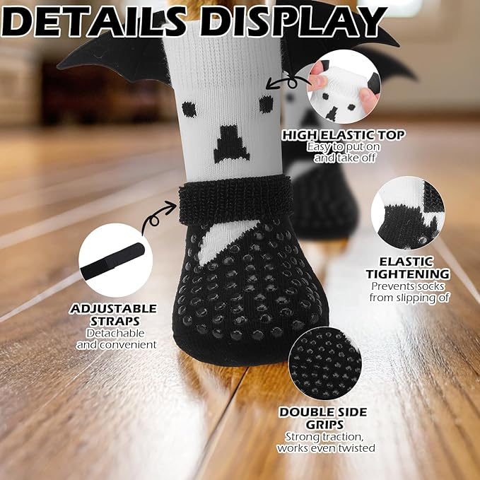 EXPAWLORER Halloween Anti Slip Dog Socks to Prevent Licking Paws, Boots & Paw Protectors with Grippers,Doggie Booties for Hardwood Floors for Small Medium Large Senior Dogs Costume White Ghost Wings M-PurrikoPets