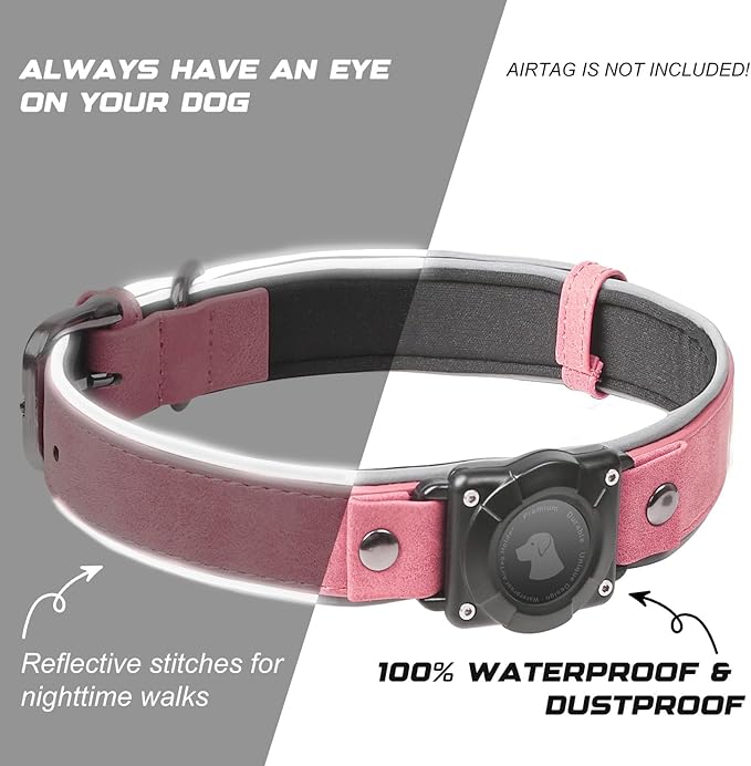 AirTag Dog Collar - Leather Dog Collar with Air Tag Holder | IPX8 Waterproof, Reflective, High - End, Adjustable Soft Padded | Dog GPS Tracker Collars Fit for Medium Large Dogs (Pink, L)-PurrikoPets