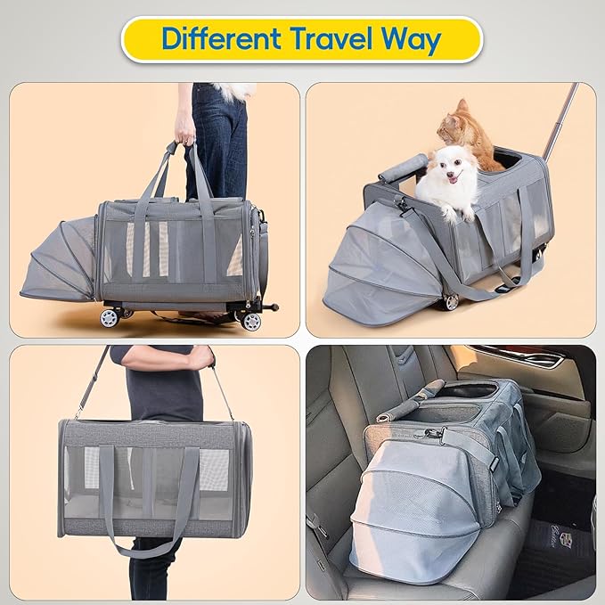 Expandable Pet Carrier with Wheels, Double Cat Dog Carrier 21"x 17"x 16" up to 40 Lbs, Rolling Pet Carrier for Cats and Dogs, Extra Large Pet Travel Carrier, Ideal for Outdoor/Travel-PurrikoPets