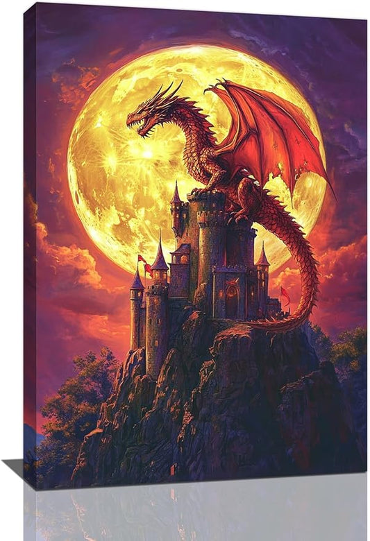 Dragon Bathroom Pictures Wall Art, Red Dragon Castle Bathroom Wall Decor, Framed Painting Canvas Artwork for Bedroom Living Room Decorations 24"L x 16"W-PurrikoPets