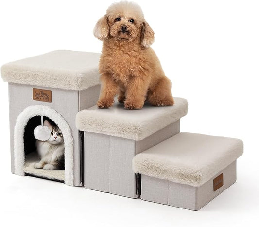 Dog Stairs for Small Dogs with Storage and Condo, 14" H Foldable Pet Stairs for Small Medium or Puppy Dogs and Older Cats, Dog Steps for Bed or Couch, 13x27x14 inch, 3 Tiers, Beige-PurrikoPets