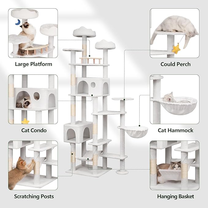 85in Tall Cat Tower for Heavy Duty Big Cats, Large Cat Tree with Scratching Post, Plush Perches, Cozy Cat Condos & Hanging Hammocks for Maine Coon, White-PurrikoPets