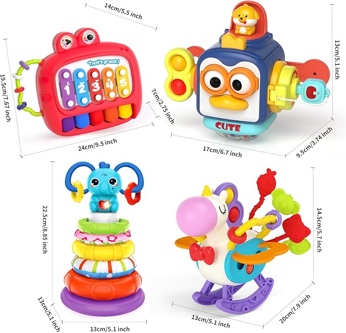 4 in 1 Baby Toys for 6 12 18 Month, Learning Toys for Babies 6-12 Months, Busy Cube, Stacking Sorter, Piano Xylophone Pull String Travel Toy, Birthday Gifts for Toddlers 1 2 Years Old-PurrikoPets