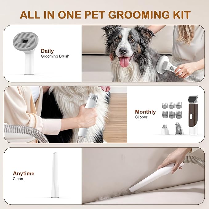Dog Grooming Vacuum, Dog Grooming Kit with Pet Clipper Nail Grinder, 3 Suction Modes Dog Brush Vacuum with 6 Pet Grooming Tools (Brown)-PurrikoPets