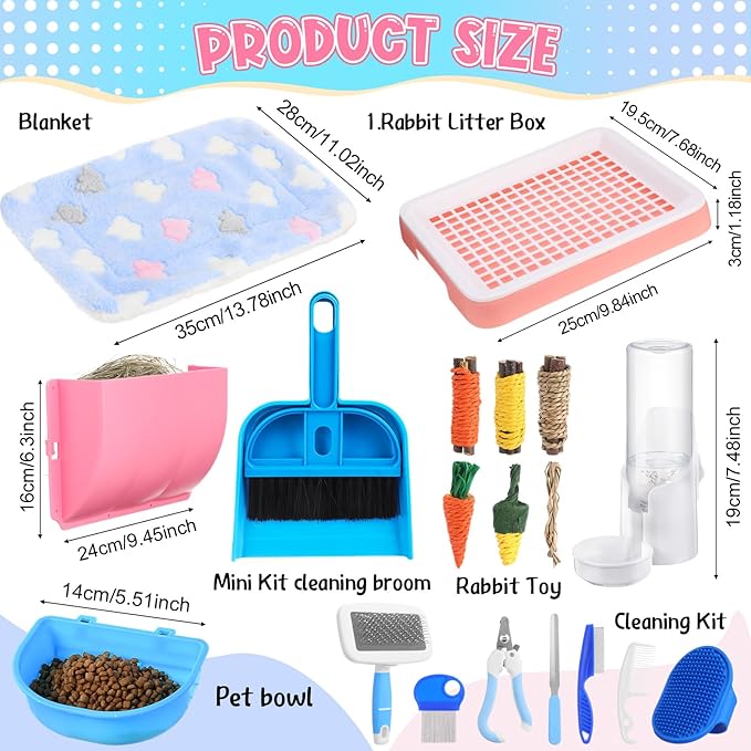 19 Pcs Rabbit Starter Kit Small Bunny Litter Box Rabbit Grooming Kit Water Bottle Bunny Toys Hay Feeder Bowl Blankets with Cleaning Set for Guinea Pig Accessories (Pink-White,Strawberry Bear)-PurrikoPets