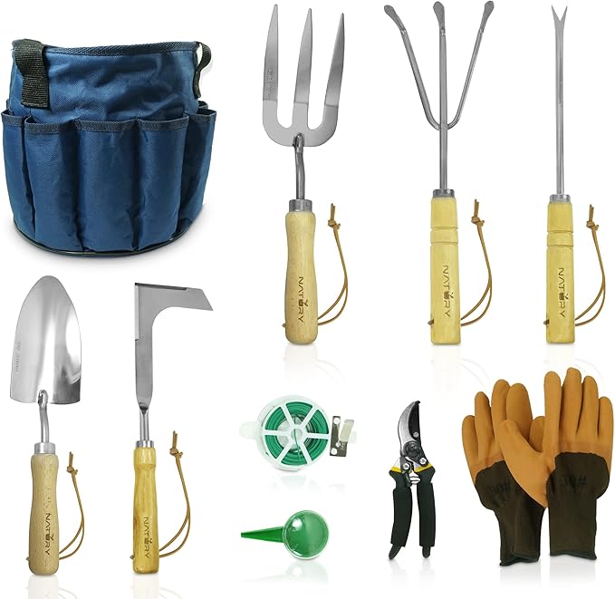 Garden Tools Set – Premium Stainless Steel Gardening Hand Tools with Solid Beechwood Handle – Gardening Kit with Rake, Shovel, Gloves, Shears, Tool Organizer – Garden Gifts for Women and Men-PurrikoPets