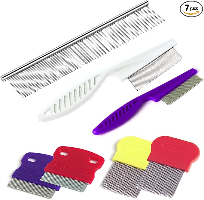 7 Pcs Pet Dog Grooming Comb, Metal Head Comb for Long Hair, Dog Tear Stain Remover Combs, Hair Combs Remover for Dogs Cats, Pet Grooming Tool Removes Crust, Mucus and Stains - 5 Types-PurrikoPets