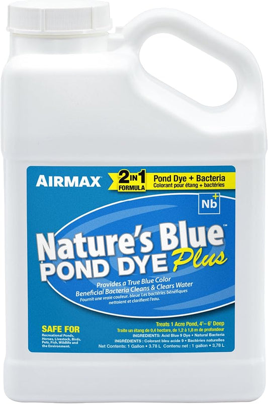 Airmax Pond Dye Plus, Nature's Blue Colorant & Natural Beneficial Bacteria, Large Pond & Lake Water Clarifier & Color Treatment, Shade Plants & Algae from Sunlight, Fish & Livestock Safe, 1 Gallon-PurrikoPets