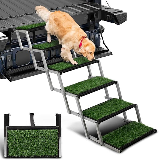 Dog Stairs for Car, Portable Folding Dog Ramps,Dog Steps for Large Dogs with Non-Slip Grass Rug for Cars, SUV, Trucks, Lightweight Pet Ramp Supports Up to 200 lb, 6 Steps-PurrikoPets