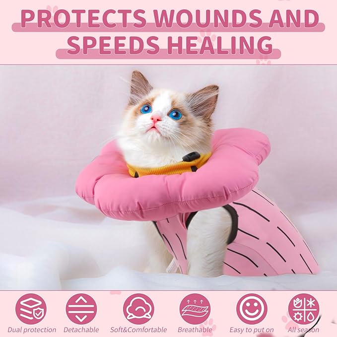 EMUST 2-in-1 Cat Recovery Suit & Cone Collar - Cute Surgical Suit for Abdominal Wounds, Adjustable Soft Flower Collar - Cat Onesie After Surgery, 4-8lb (Pink, M)-PurrikoPets