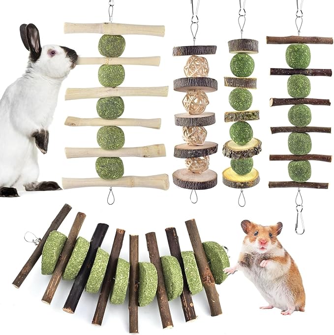ERKOON Bunny Chew Toys, Rabbit Chew Toys for Teeth Grinding, Improve Dental Health, 100% Natural Apple Wood Timothy Grass Cake Treats for Rabbits Guinea Pigs Chinchillas Bunnies Hamsters (5 Pcs)-PurrikoPets