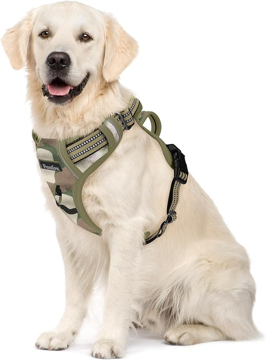 Funfox Dog Harness No Pull, Adjustable Pet Vest Harness, Super Soft Material with Vertical Handle Easy Control, Reflective Night Walking, 2 Leash Clips for Small Sized Dogs, Camo Green, S-PurrikoPets