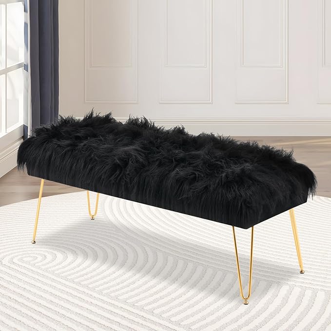 42.5 Inch Black Bedroom Bench, Benches for Bedroom White Faux Fur Upholstered Bed end Bench, Tufting Ottoman Bench Indoor Bench with Metal Legs for Living Room Bedroom Entryway, Black-PurrikoPets