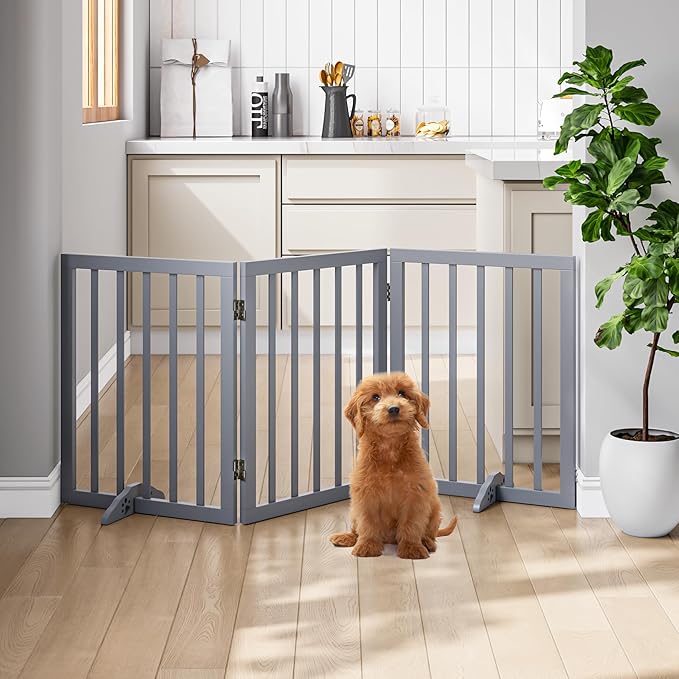 Freestanding Wooden Dog Gate - 24 Inch Tall, Support Feet, Step Over, Indoor-PurrikoPets