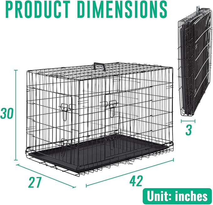 FDW Dog Crate for Large Dogs 42 Inch Folding Metal WirePet Cage Double Door W/Divider Panel Indoor Outdoor Kennel Leak-Proof Plastic Tray,Black-PurrikoPets