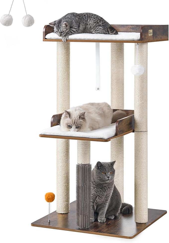 FourFurPets 43.7" Cat Tree, Modern Cat Tree Tower, Cat Tower for Indoor Cats Large Adult, Cat Condo with Scratching Post, Large Perch and Removable Pads,Rustic Brown-PurrikoPets