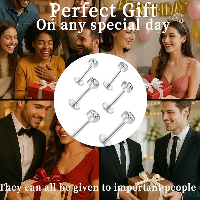 Delicate Moissanite & Titanium Threadless Flat Back Studs - 6-Piece 20G Labret Set for Nose, Helix, Cartilage, Conch, and Lip Piercings for Women & Men