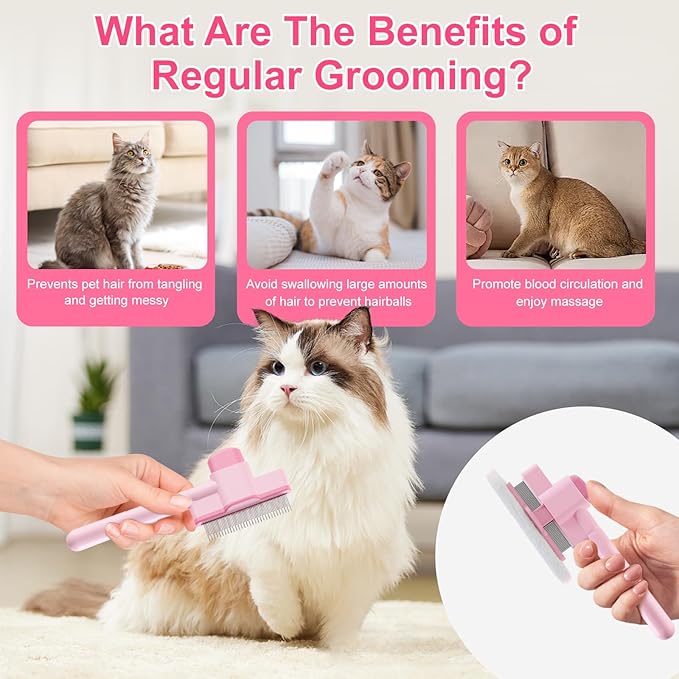 2PCS Flea Comb for Cats and Dogs with Pet Hair Remover Glove, Self Cleaning Pet Flea Cat Grooming Brush with Release Button for Massaging and Cleaning Shedding Pets Hairs-PurrikoPets