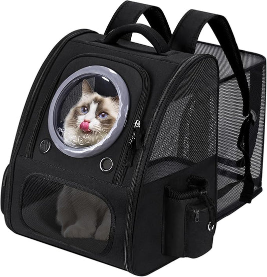 Expandable Pet Carrier Backpack with Transparent Bubble Window, Gray Mesh Travel Bag, Portable Space Capsule Design with Foldable Dogs Carrier for Pets (Black)-PurrikoPets