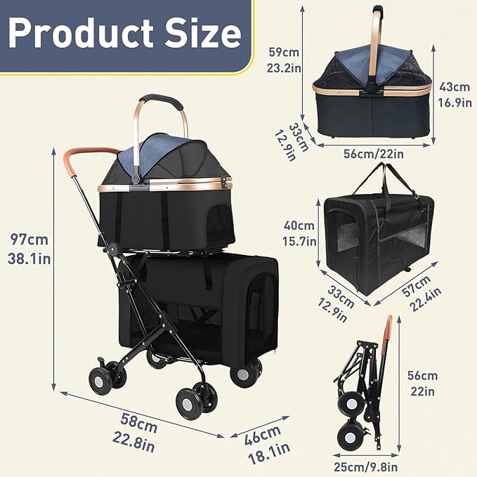 Double Pet Stroller for 2 Dogs or Cats, Folding Dog Stroller with 2 Detachable Carrier Bags, Safety Belt, 4 Lockable Wheels, Separate Compartments, for Multi-Pet Homes (Black)-PurrikoPets