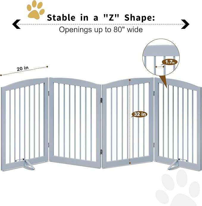 Freestanding Wooden Pet Gate - Foldable Indoor Dog Gate, 80 Inch Wide, 4 Panels, Grey-PurrikoPets
