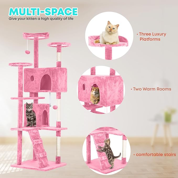 FDW Cat Tree 70in Cat Tower Multi-Level Durable Cat Scratching Post & Cozy Fun Cat Jumping Platform Space Saving Cat Condo Pet Play House for Indoor Cats,Pink-PurrikoPets