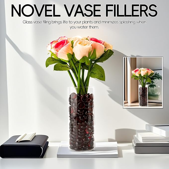 2 LB Dark Red Glass Marbles, Mini Flat Glass Beads for Vase Fillers, Floral Bottom Mancala Gems Pebbles Fish Tank Rocks for Table Aquarium,Home Decor Art Craft Supplies(0.5"~0.7")-PurrikoPets