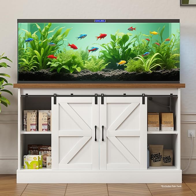Fish Tank Stand Up to 75 Gallon, Aquarium Stand with Sliding Barn Doors & Power Outlet, White Farmhouse Style Stand with Cabinet Storage for Fish Tank, Turtle Tank, Reptile Terrarium,1000LBS Capacity-PurrikoPets