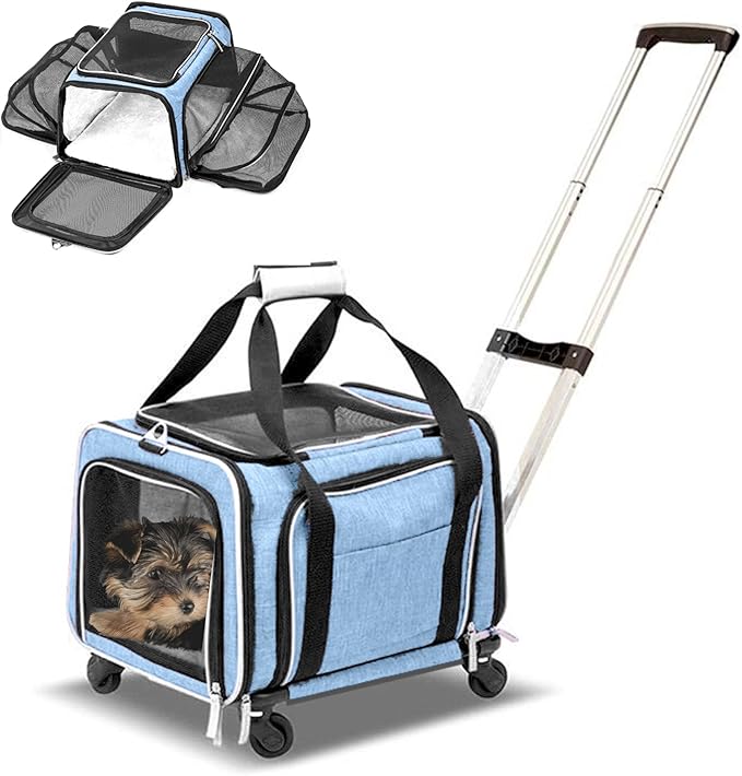 Airline Approved Expandable Premium Pet Carrier on Wheels- Two Sided Expandable Rolling Carrier- Designed for Dogs & Cats- Extra Spacious Soft Lined Carrier! - Light Blue-PurrikoPets