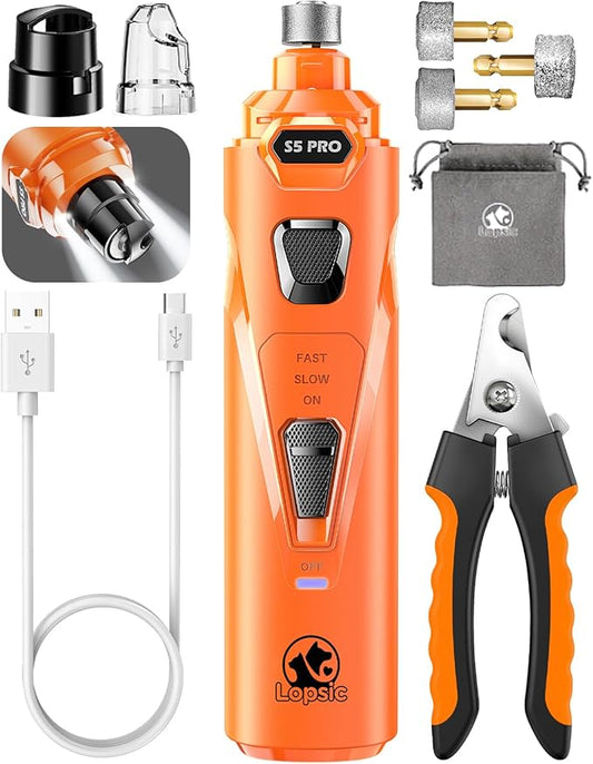 Dog Nail Grinder with 2 LED Lights Powerful 2 Speeds Super Quiet Dog Nail Trimmers with 3 Grinding Wheels Rechargeable Pet Dog Nail Clippers for Large Medium Puppy Dogs Dog Nail File Cat Nail Clipper-PurrikoPets