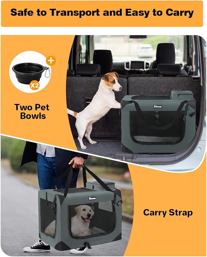 Extra Large Dog Crate with 2 Foldable Bowl, 40 Inch Collapsible Travel Dog Crate Kennel with Soft Blanket for Medium Dogs,Indoor & Outdoor (40" L x 27" W x 27" H, Grey)-PurrikoPets