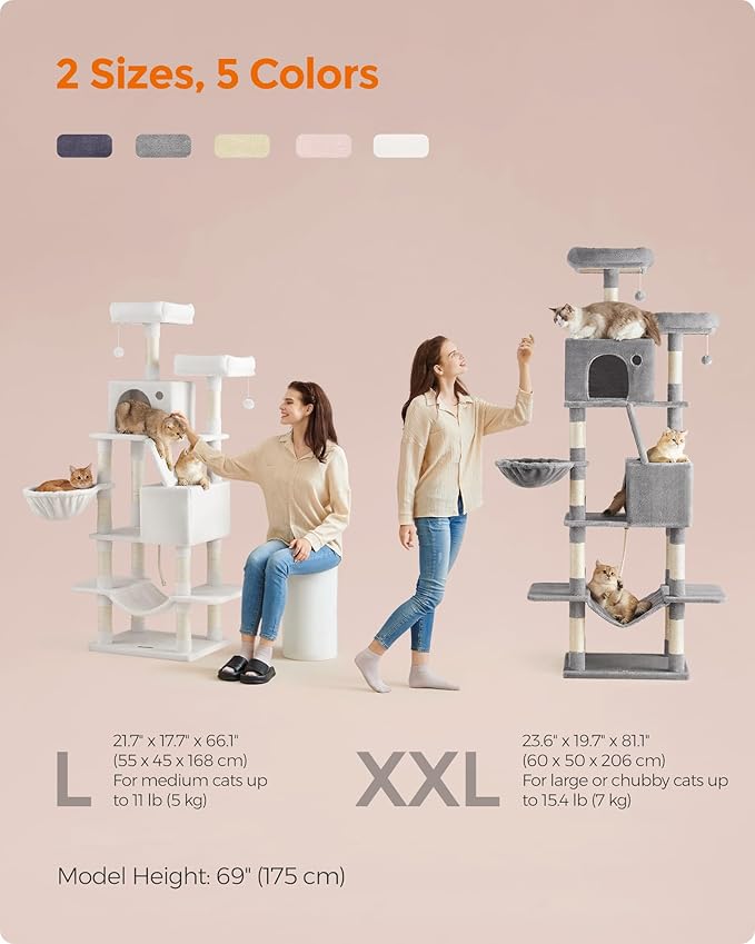 Feandrea Cat Tree, 81.1-Inch Large Cat Tower with 13 Scratching Posts, 2 Perches, 2 Caves, Basket, Hammock, Pompoms, Multi-Level Plush Cat Condo for Indoor Cats, Jelly Pink UPCT190P01-PurrikoPets