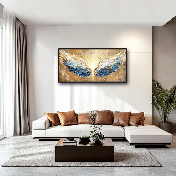 Extra Large Angel Wings Framed Wall Art for Living Room,Oversized Golden Wings Pictures Wall Decor,Holy Gold Blue Canvas Print Painting Modern Artwork Bedroom Office Bathroom 60L" x 30W"-PurrikoPets