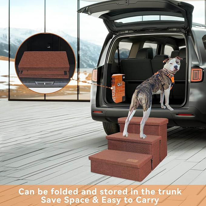 Dog Stairs with Condo 18" H, 3-Step Wider Dog Steps for High Beds Couch, Folding Storage Pet Stairs Gift for Small/Medium/Large Old Dogs Cats, Ramp for Climbing Car Up to 200 lbs, Brown-PurrikoPets