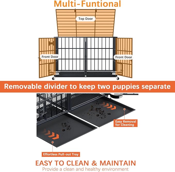 aboxoo 48/42 inch XL Dog Crate for Large Dog/Double Medium Dogs,Heavy Duty Metal Dog Cages,All Metal Open Top,Dog Kennel Indoor with Wheels,Floor Grid, Tray, Divider and Feeding Bowl-PurrikoPets