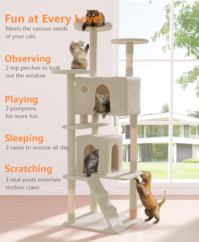 77'' Cat Tree Tower for Indoor Cats Large Adult, Cute/Tall Modern Cat Tree for Big Cats 20 lbs, Plush Multi-Level Cat Condo with Scratching Posts, Dangling Ball for Fun Play (Beige, 77 inch)-PurrikoPets