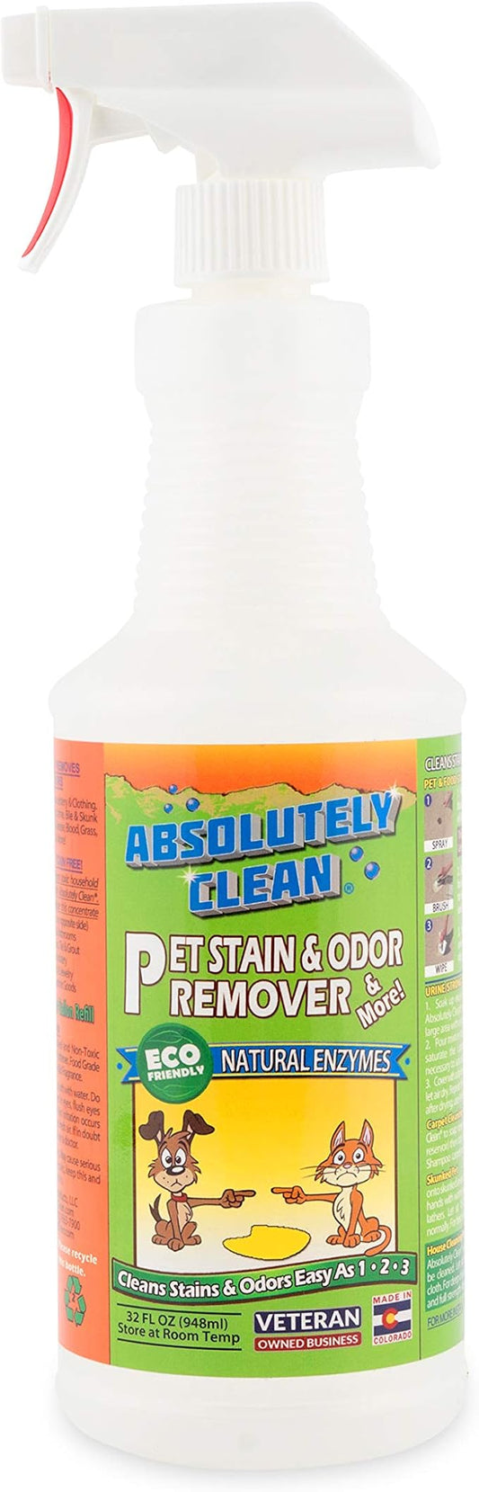 Absolutely Clean Amazing Pet Odor Eliminator for Home, Professional Strength: Natural Enzymes Remove Most Stains in 60 Seconds -Dog/Cat Urine, Vomit, Bile, Feces, Grass, Blood, Drool, More -USA Made-PurrikoPets