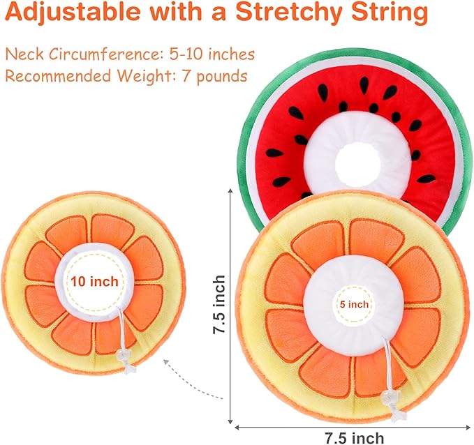 2 Pcs Adjustable Cat Cone Collar Soft Small Cute Cat Recovery Donut Collar After Surgery Orange Watermelon Elizabethan Kitten Neck Cones for Small Dogs Pet, Fruits Shaped, Under 7 lbs-PurrikoPets