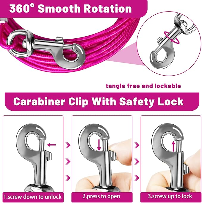 Dog Tie Out Cable 10/15/20/25/30 FT Runner for Yard Steel Wire Cable with Durable Superior Clips Pink Chains for Outside Dog Lead for Large Up to 165 Lbs-PurrikoPets