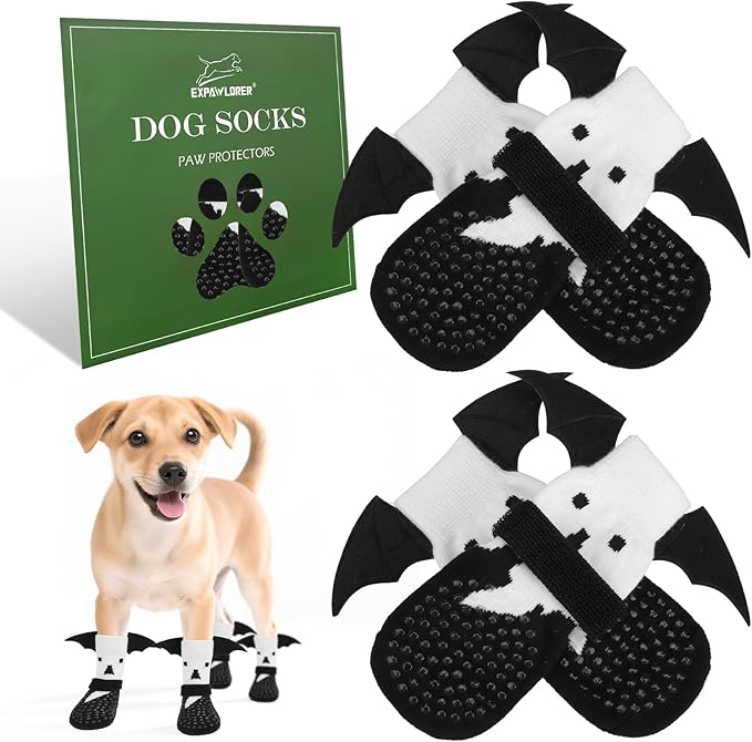 EXPAWLORER Halloween Anti Slip Dog Socks to Prevent Licking Paws, Boots & Paw Protectors with Grippers,Doggie Booties for Hardwood Floors for Small Medium Large Senior Dogs Costume White Ghost Wings S-PurrikoPets