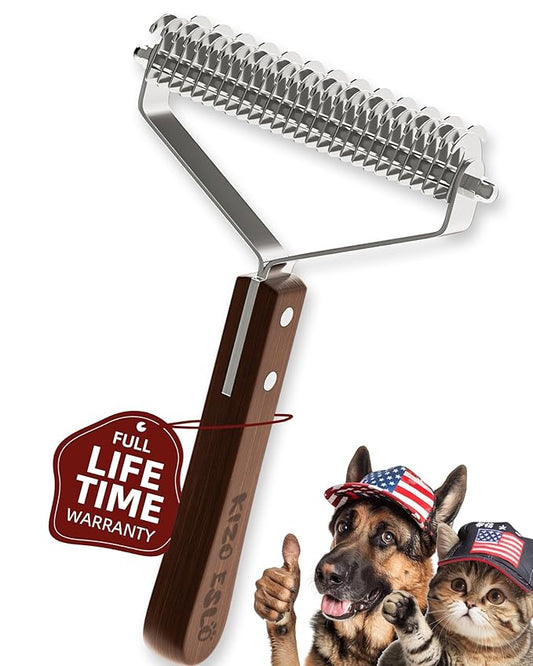 Extra Large 2-Sided Undercoat Rake for Dogs & Cats, Dog Brush for Shedding Remove Mats, Dematting Comb, Safe&Gentle Grooming Brush for German Shepherds Medium to Long-Haired Pets,Premium Wooden Handle-PurrikoPets