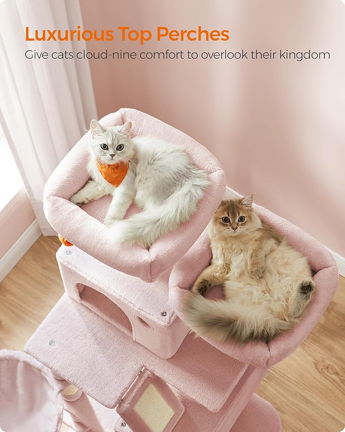 Feandrea Cat Tree, 66.1-Inch Large Cat Tower with 13 Scratching Posts, 2 Perches, 2 Caves, Basket, Hammock, Pompoms, Multi-Level Plush Cat Condo for Indoor Cats, Jelly Pink UPCT165P01-PurrikoPets