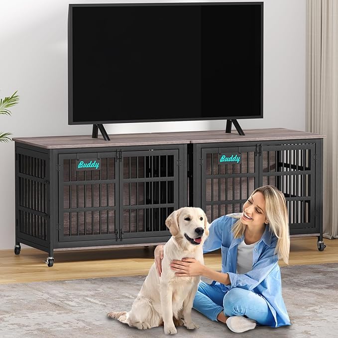EasyCom 42"/41"/33" XL Dog Crate Furniture with Casters, Heavy Duty Dog Kennel Indoor for Large and Medium Dogs, Double-Doors Sturdy Dog Cage for Anxiety Dog, Decorate House as TV Stand, Bedside Table-PurrikoPets