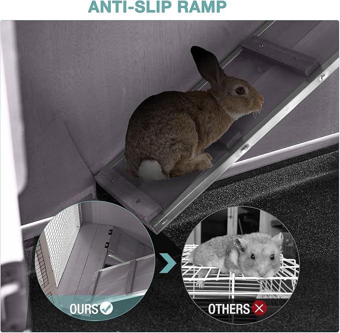 2-Tier Indoor Rabbit Hutch Bunny House Guinea Pig Cage with Sliding Plastic Trays, Wheels & Ramp, 47.2" Multi-Door Wooden Small Animal Cage for Rabbits, Bunnies, and Guinea Pigs (Grey)-PurrikoPets