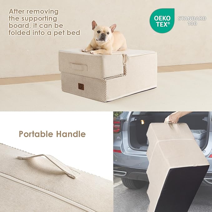 EHEYCIGA Dog Stairs for Small Dogs 13.5" H, 3-Step Dog Steps for Couch Sofa and Chair, Pet Steps for Medium Cats, Non-Slip Balanced Pet Ramp Indoor, Beige-PurrikoPets