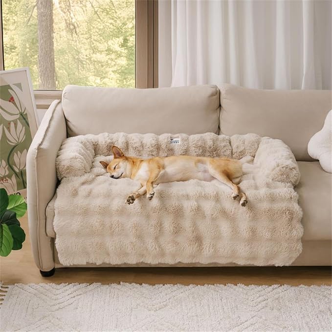 FUNNY FUZZY Pet Fluffy Plush Calming Dog Couch Bed Sofa Protector Washable Pets Mat for Large Medium Small Dogs and Cats (Coffee,47.24 × 37.4 × 6.3 in)-PurrikoPets